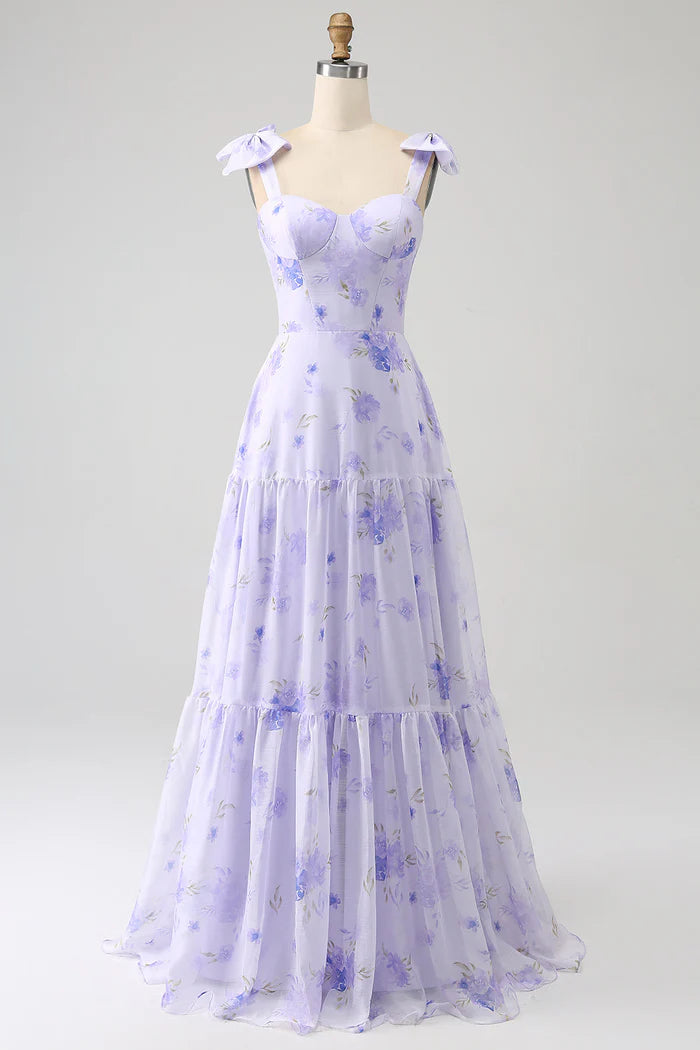 Robe Weitese lilas style corset floral, robe trapèze, robe longue de soirée avec lacets, robe de bal